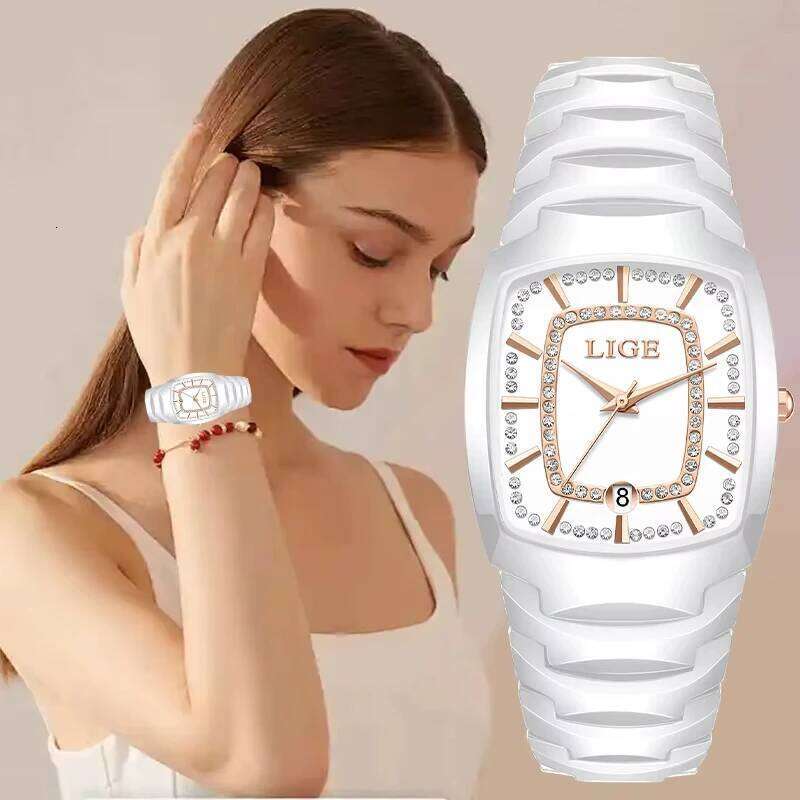 LIGE New Creative Women Ceramic Wrist es Ladies Square Waterproof Female H260228