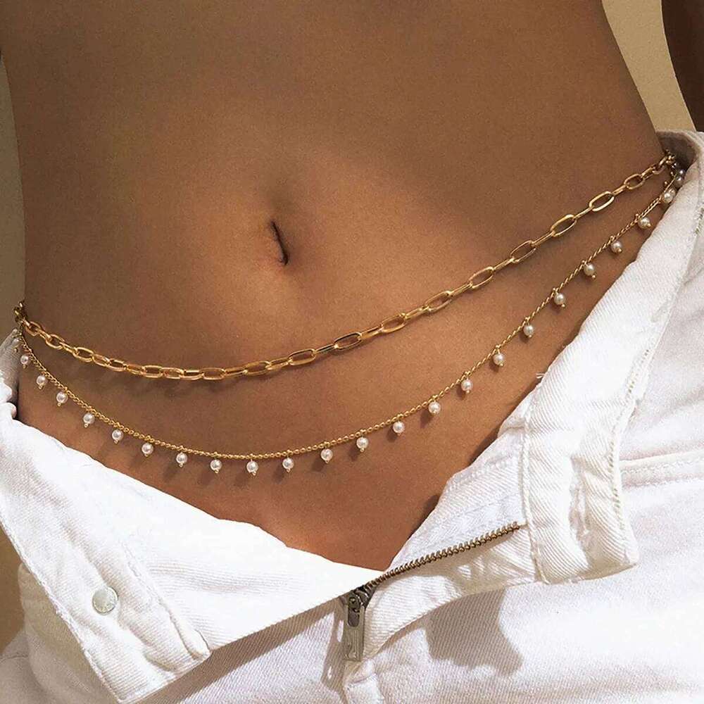LUXUSTEEL Bohemian White Beads Belly Chains for Women Waist Stainless Steel Gold Plated Double Thin Chain Y2K Body Jewelry H260228