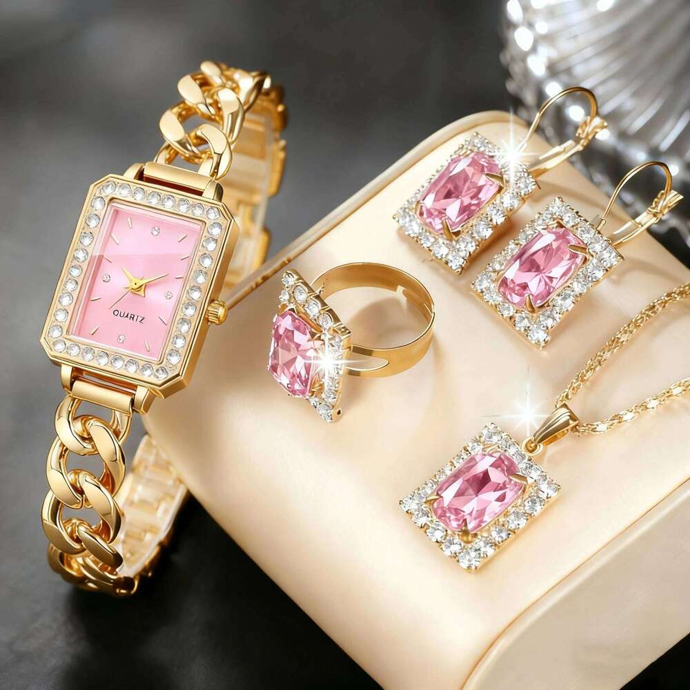 1/5PCS Elegant Women Quartz Earrings Necklace Ring Set Fashion Rectangle Dia Band Ladies WristWithout Box H260228