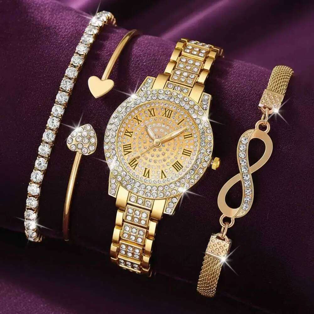 4 Pieces Fashionable Luxury Women's with Rhinestone Roman Numbers Round Dial Quartz Perfect Gift Set H260228