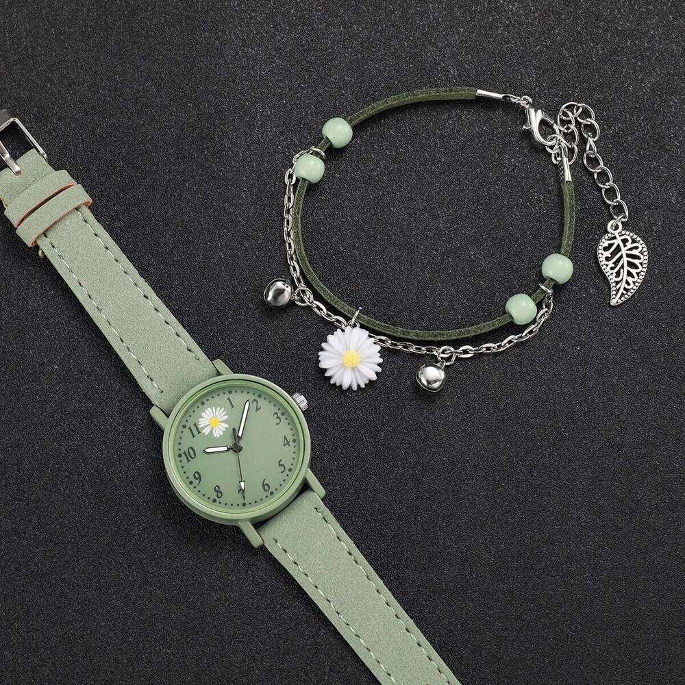 2PCS/Set Fashion Flower Dial Women's Casual Leather Band Quartz es s SetWithout Box H260228