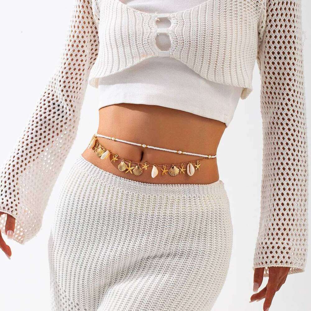 New European and American Bohemian Beach Starfish Shell Waist Chain, Fashion Imitation Pearl Conch Body Chain H260228