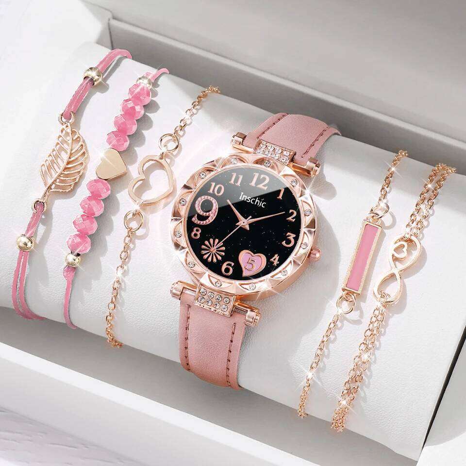 6PCS/Set Fashion Heart Dial Women's Casual Leather Band Analog Quartz Leaf s SetWithout Box H260228