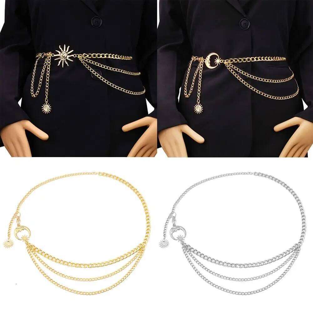 Fashion Vintage Punk Waist Metal Gold Silver Sun Moon Star Waistbands Hip Hop Womans Chain Belt H260228