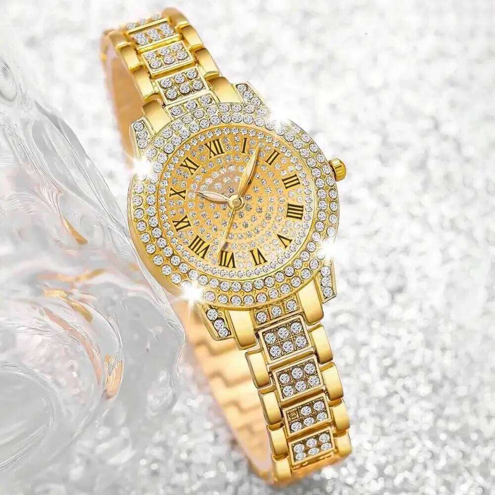 4 Pieces Fashionable Luxury Women's with Rhinestone Roman Numbers Round Dial Quartz Perfect Gift Set H260228