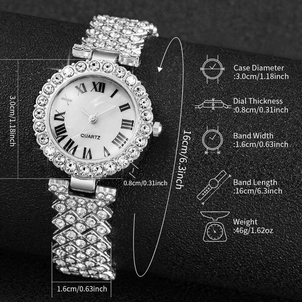 6PCS/Set Luxury Rhinestone Women's Silver Band Ladies Roma Dial Quartz Jewelry SetWithout Box H260228