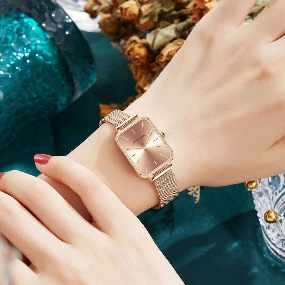 HANNAH MARTIN Brand Women Simple Square Fashion Japanese Quartz Movement Stainless Steel Mesh Belt 3Bar Waterproof es H260228
