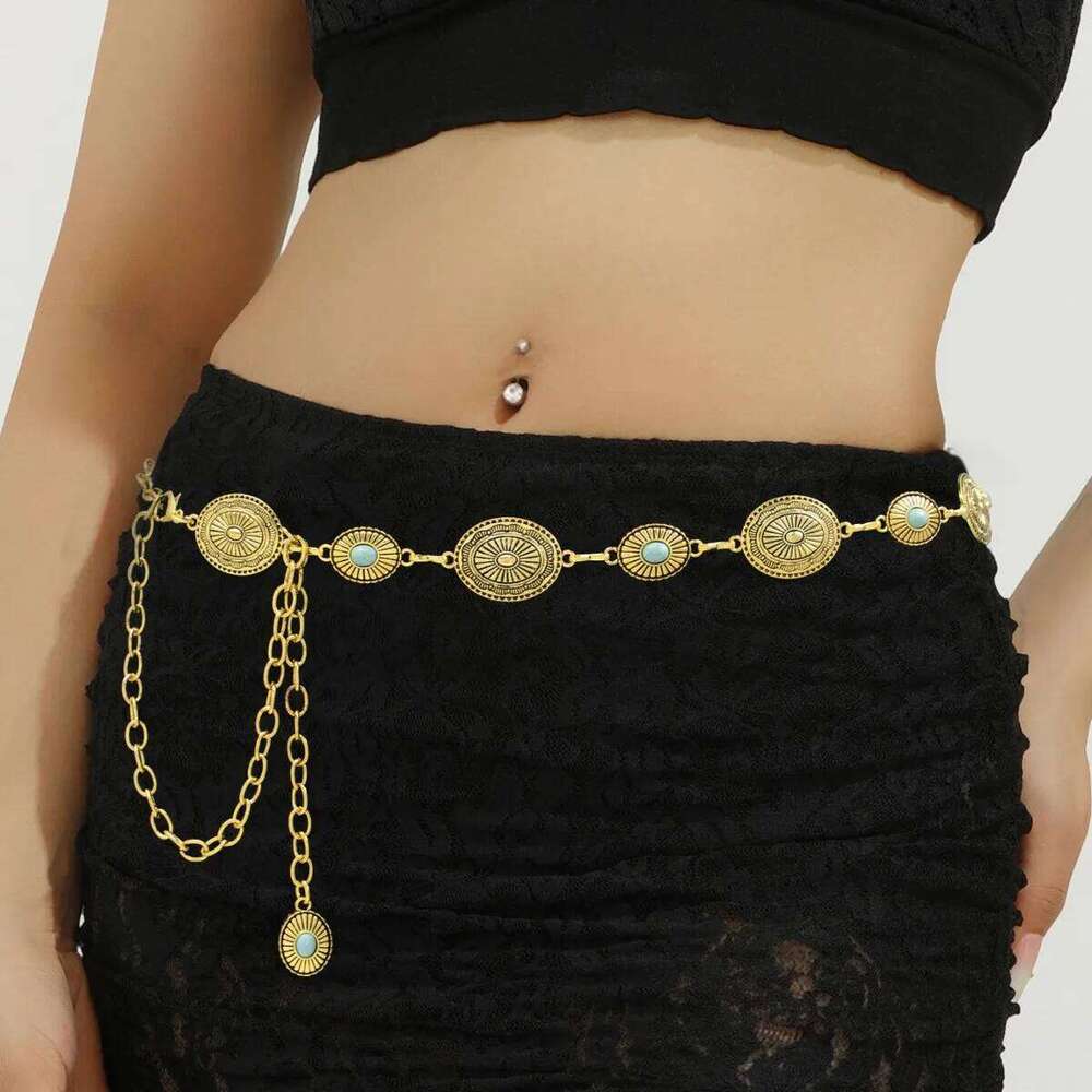 European American Cross Border Retro Linear Turquoise Waist Chain Sexy Slimming Versatile Belt Accessory For Dresses H260228