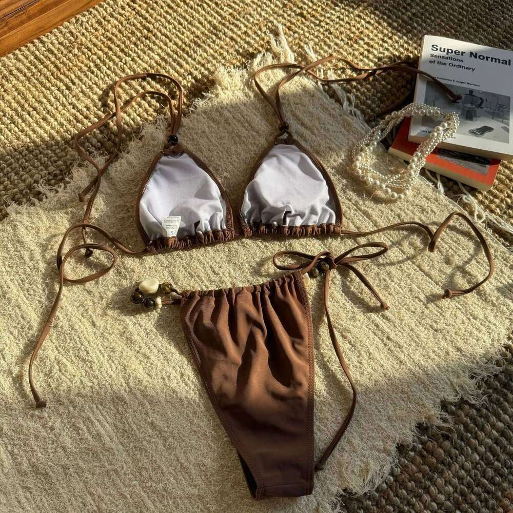 2025 solid color drawstring halter neck bikini beach ladies split swimsuit Z260301