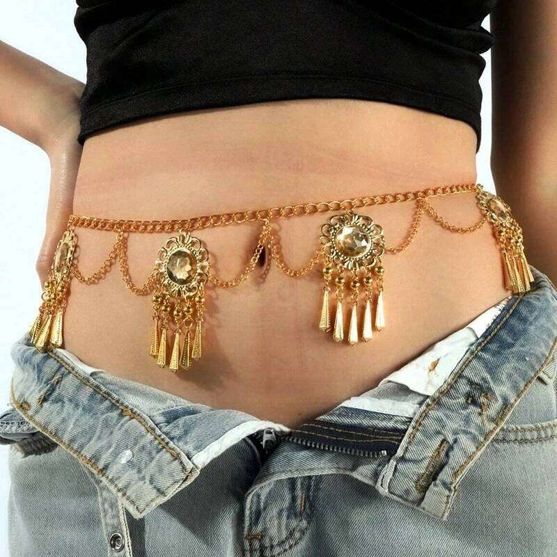 New Bohemian Waist Jewelry Metal Hollow Red Acrylic Gemstone Tassel Belly Chain Women's Dress Accessories H260228
