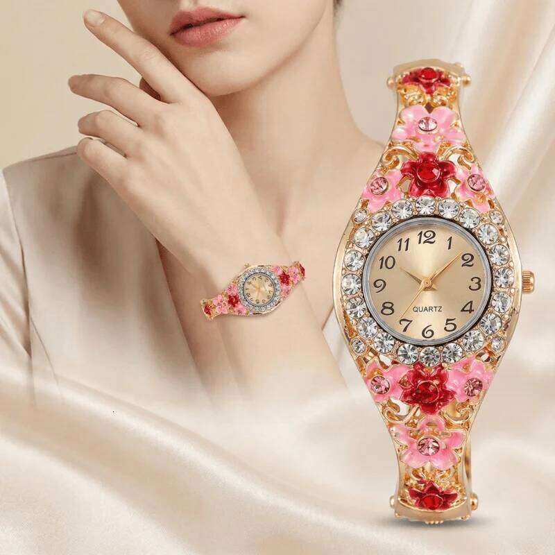 Woman es Retro Elegant Flower Diamond Stainless Steel Quartz Wristes Fashion Ladies Clock Gift montre femme H260228