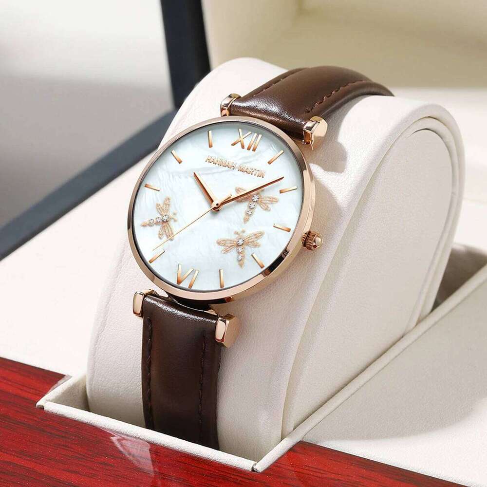 Hannah Martin Fashion Rose Gold Womens Japanese Quartz Movement Casual Leather Strap 3Bar Waterproof Dragonfly Women H260228