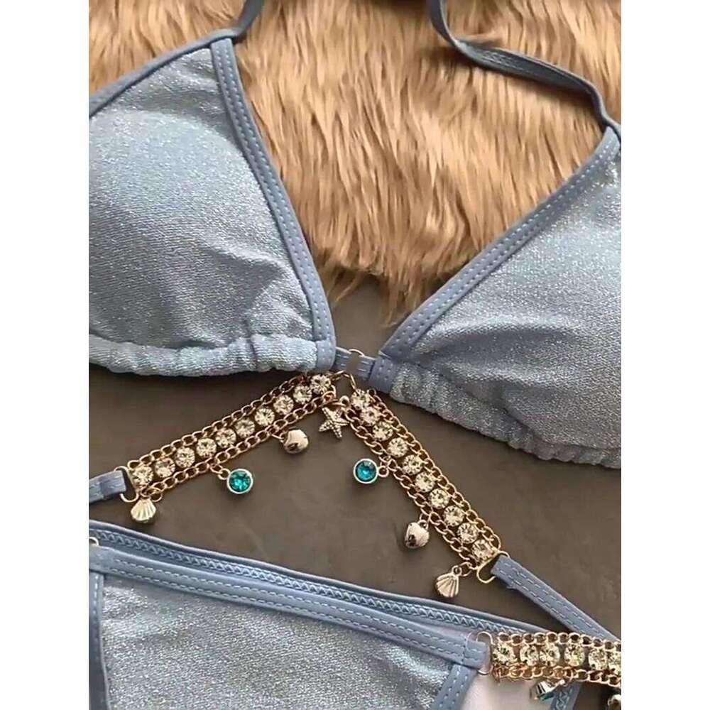 Women's Mermaid Chain Swimsuit Pure Desire Aesthetic Tied Triangle Bikini Three-Point Sexy Vacation Swimwear Z260301