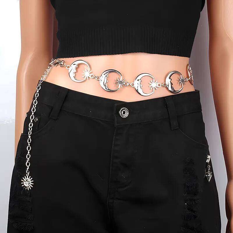 Retro Gold Chain Belt Female Waist Moon Sun Metal Belts For Women Punk Dress Waistband Gothic Jeans Accessory Long H260228