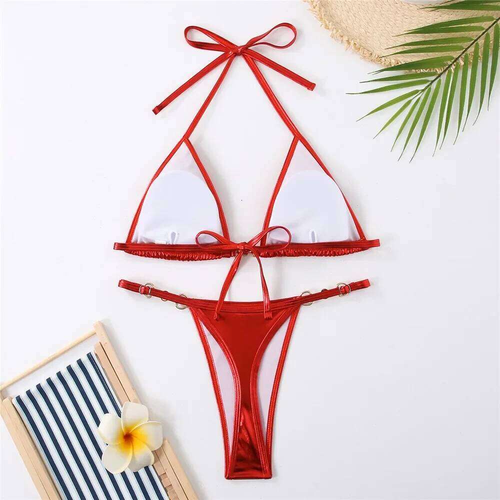 Shiny Red String Halter Triangle Micro Bikinis Sets Sexy Swimsuit Women Thong Bathing Suit Lace-up Bikini 2025 Mujer Biqiunis Z260301