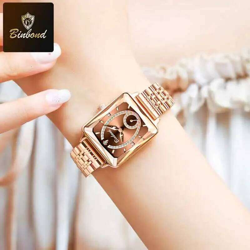 BINBOND Fashion Elegant Quartz High Quality Jewelry Design Waterproof Square Rose Gold Women H260228