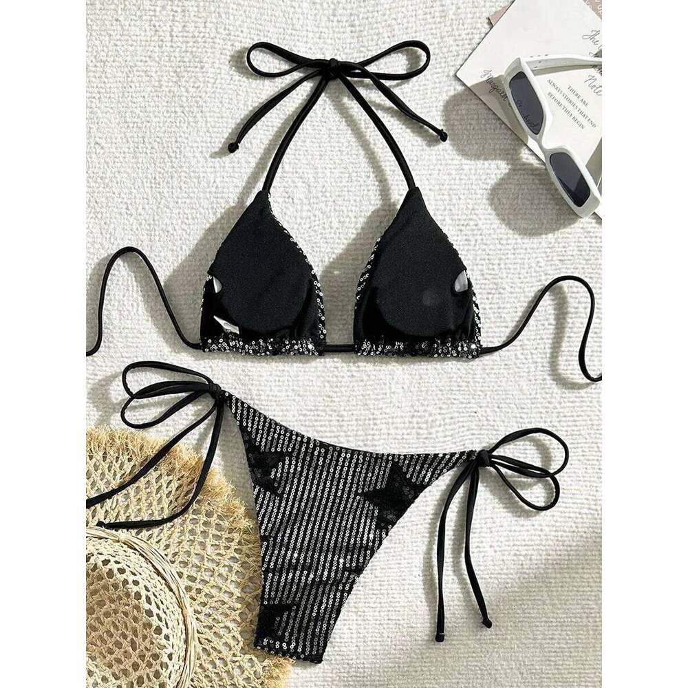 Halter Shiny Star Sequins 2025 Women Swimsuit Female Swimwear Two Pieces Bikini Set Brazilian Bathing Suit Swim Beachwear Z260301