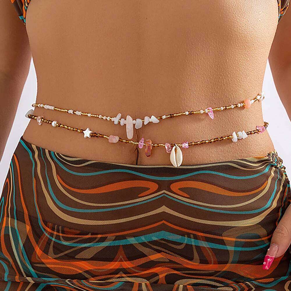 KunJoe Bohemia 2pcs/set Colorful Rice Beaded Belly Waist Women Summer Imitation Pearl Irregular Stone Body Chain H260228