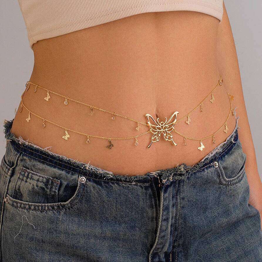 Ingemark Boho Sexy Hollow Butterfly Waist Belly Belt Chain for Women Summer Bikini Crystal Tassel Pendant Link Body Jewelry Gift H260228