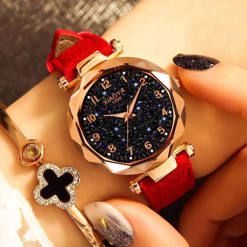 Xiaoya Women's Personality Romantic Starry Sky es Women Rhinestone Face Leather Band Quartz Wist Reloj Mujer H260228