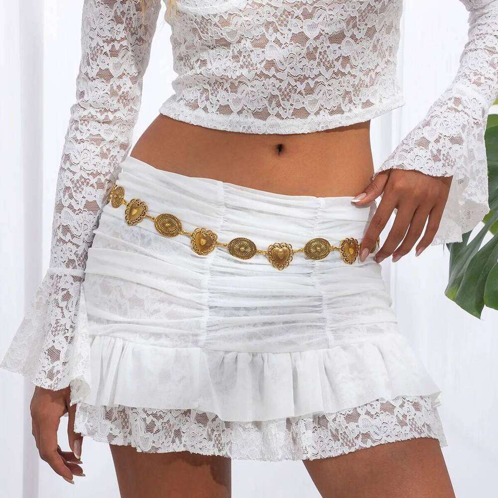 Retro Metal Cold Wind Peach Heart Patchwork Waist Oval Lace Imitation Turquoise Body Chain Jewelry Accessories H260228