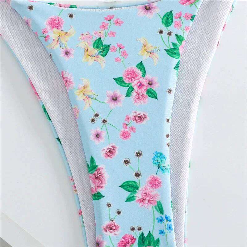 Light Blue Floral Print Swimwear Ruffled Strap Triangle Thong Micro Bikini 2026 Sexy Swimsuit Women Low Waisted Bather Bikinis Z260301