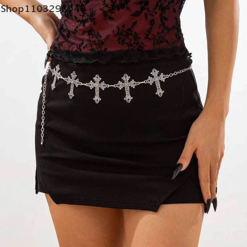 Adjustable Gothic Cross Y2K Waist Chain Silver Metal Vintage Belt For Women, Fashion Body Jewelry H260228