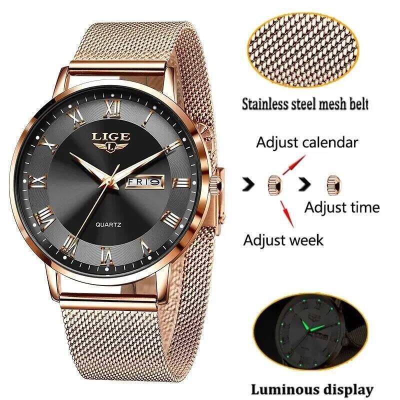 LIGE 2024 New Women Luxury Ladies Creative Steel Women's es Female Waterproof Clock Relogio Feminino H260228