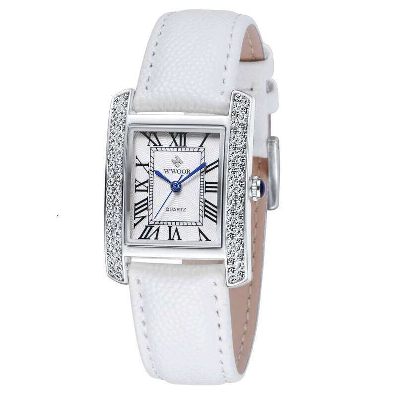 WWOOR Elegant Women's Square Diamond Ladies Waterproof Brand Leather Quartz es Zegarek Damski H260228