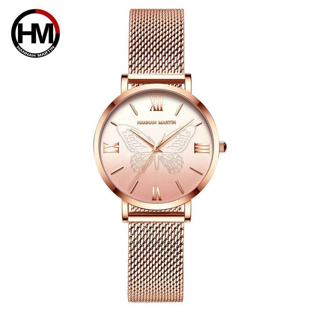 HANNAH MARTIN Brand Original 3D Rose Gold 36mm Stainless Steel Mesh Belt With Japanese Quartz Movement Women es H260228