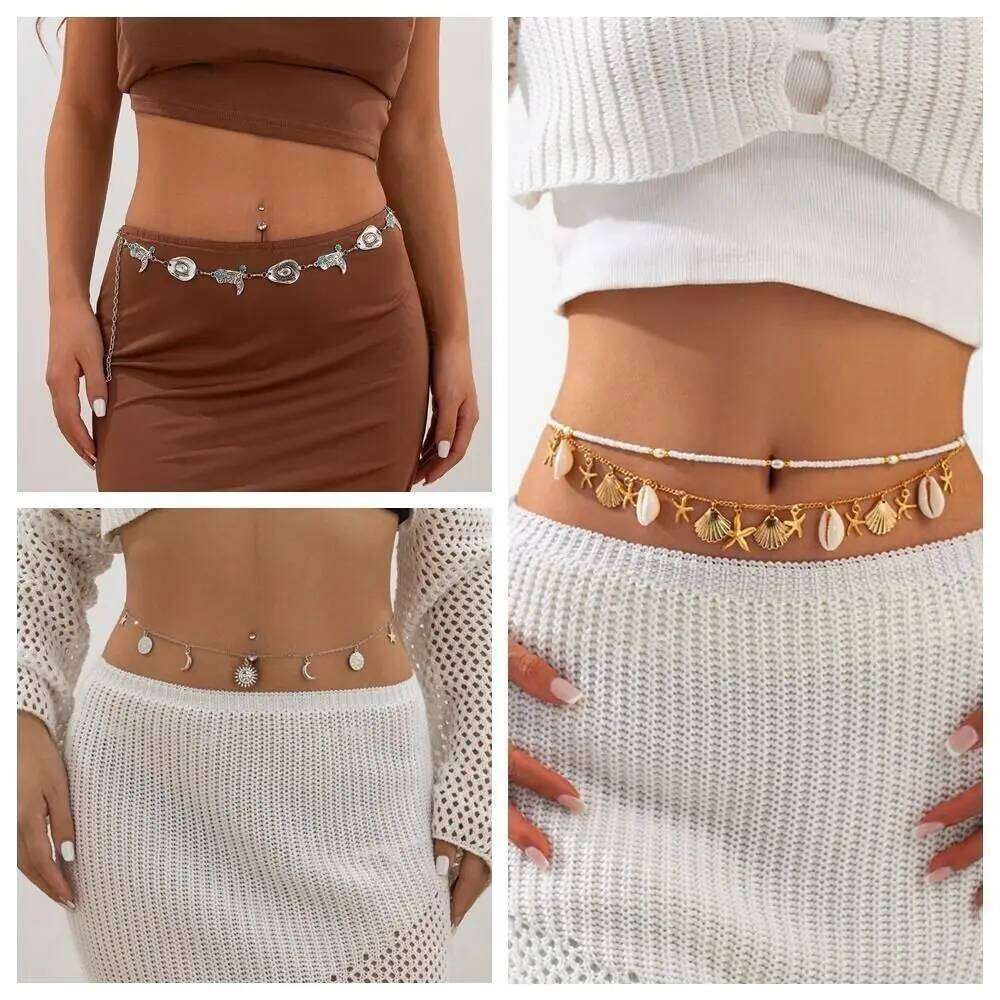 Fashion Alloy Waistband Bohemia Style Imitation Pearl Conch Pendant Beach Shell Waist Chain Women jewelry Accessory H260228