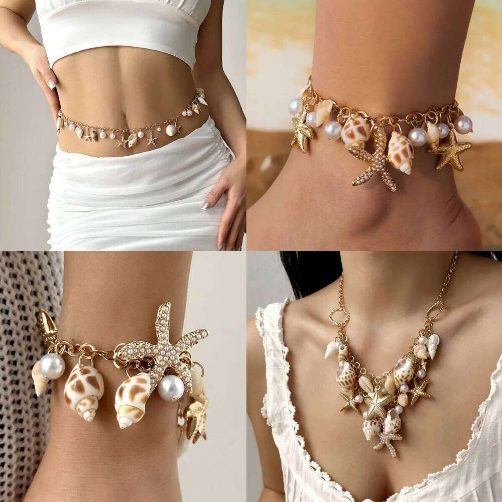 New Summer Beach Shell Waist Necklace Bracelet Bohemian Seaside Vacation Starfish Conch Pendant Body Chain H260228