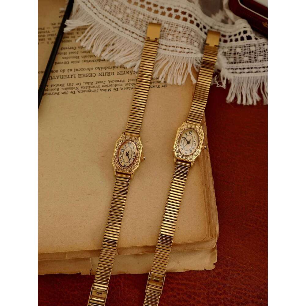 1 Piece of New Gold French Classic Retro Style High-End Elegant Compact Exquisite Women's Waterproof Quartz Stainless Steel Strap, Rectangular En