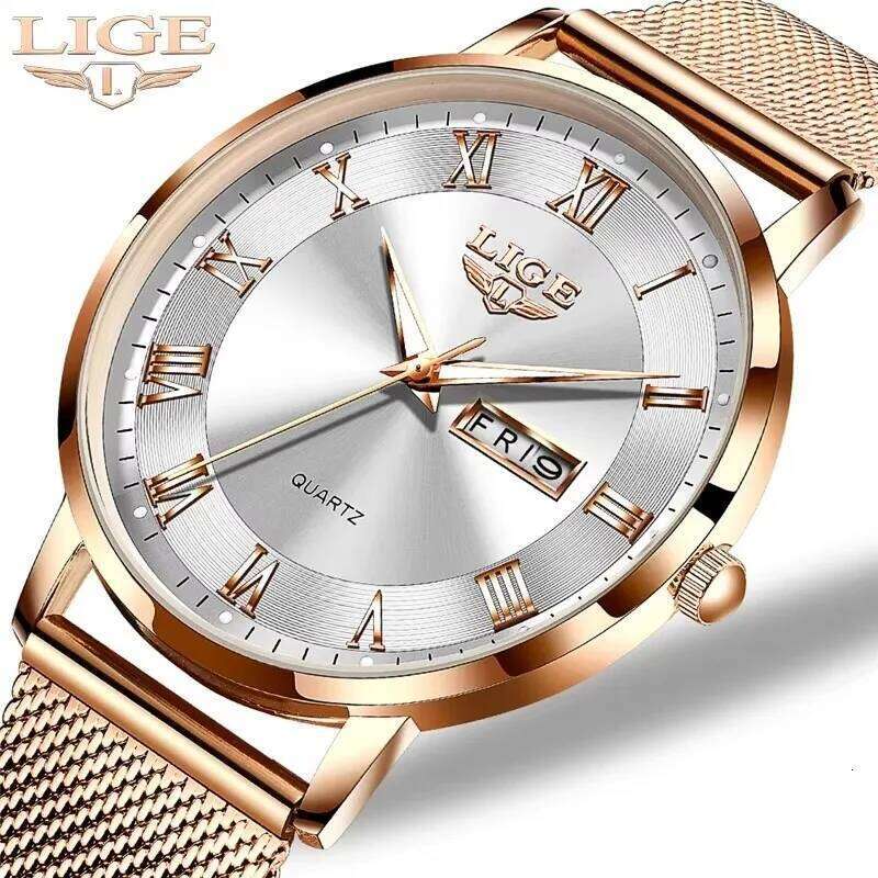 LIGE Luxury Ladies Waterproof Rose Gold Steel Strap Women Wrist Top Brand Clocks Relogio Feminino H260228