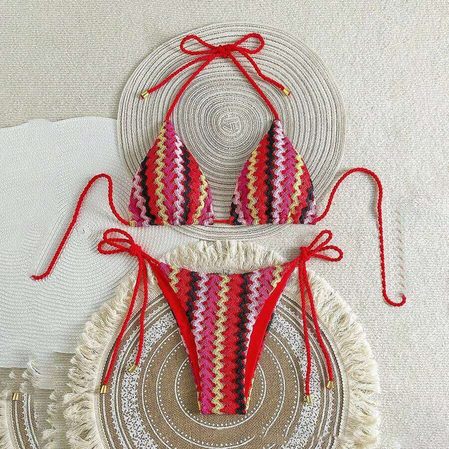 Para Praia Crochet Halter 2025 Knitted Bikini Swimwear Sexy Women Swimsuit Brazilian Biquini Bandage Bathing Suit Z260301