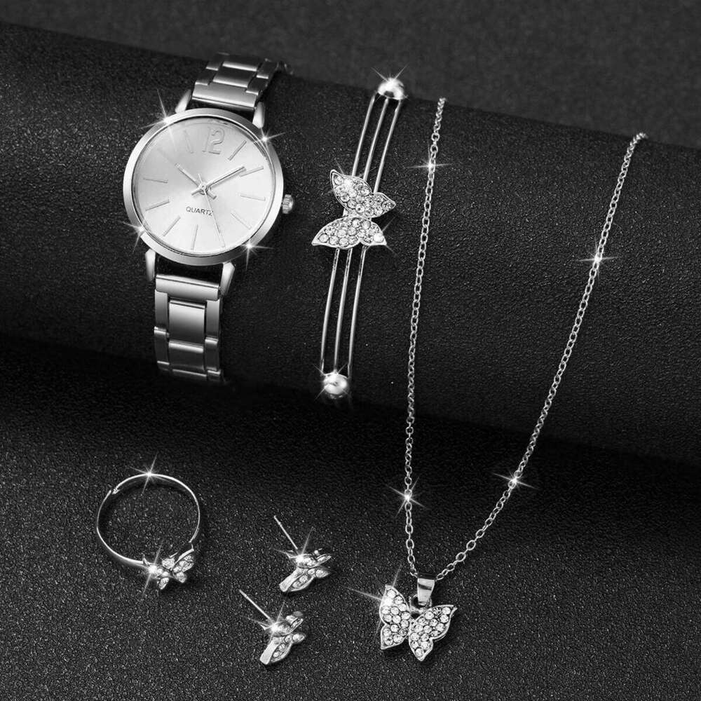6PCS Fashion Women's Quartz Silver Steel Band Female Wristes Butterfly Jewelry SetWithout Box H260228