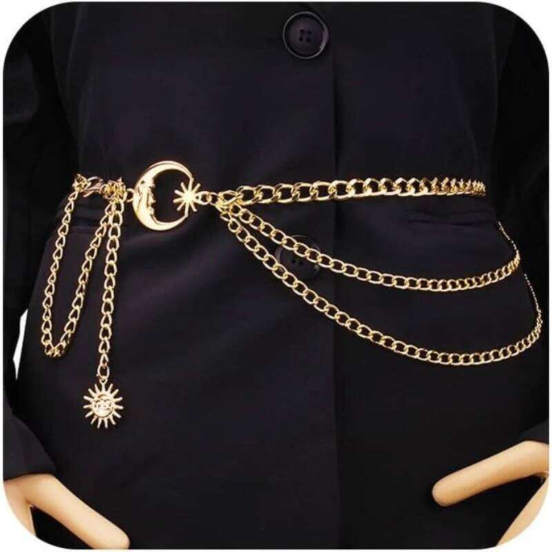 - Fashion Waist Chain Belt with Moon, Butterfly Rhinestone & Layered Design H260228
