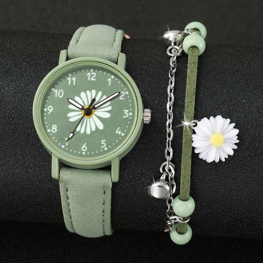 2PCS/Set Fashion Flower Dial Women's Casual Leather Band Quartz es s SetWithout Box H260228