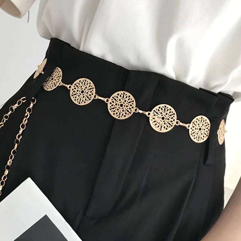 Elegant Round Metal Belt For Women Retro Gold Silver Carved Hollow Out Chain Long Belts Fashion Dress Decorative Lady Waistband H260228