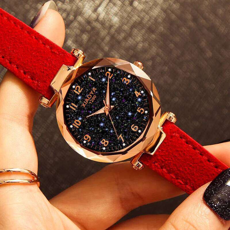 Xiaoya Women's Personality Romantic Starry Sky es Women Rhinestone Face Leather Band Quartz Wist Reloj Mujer H260228