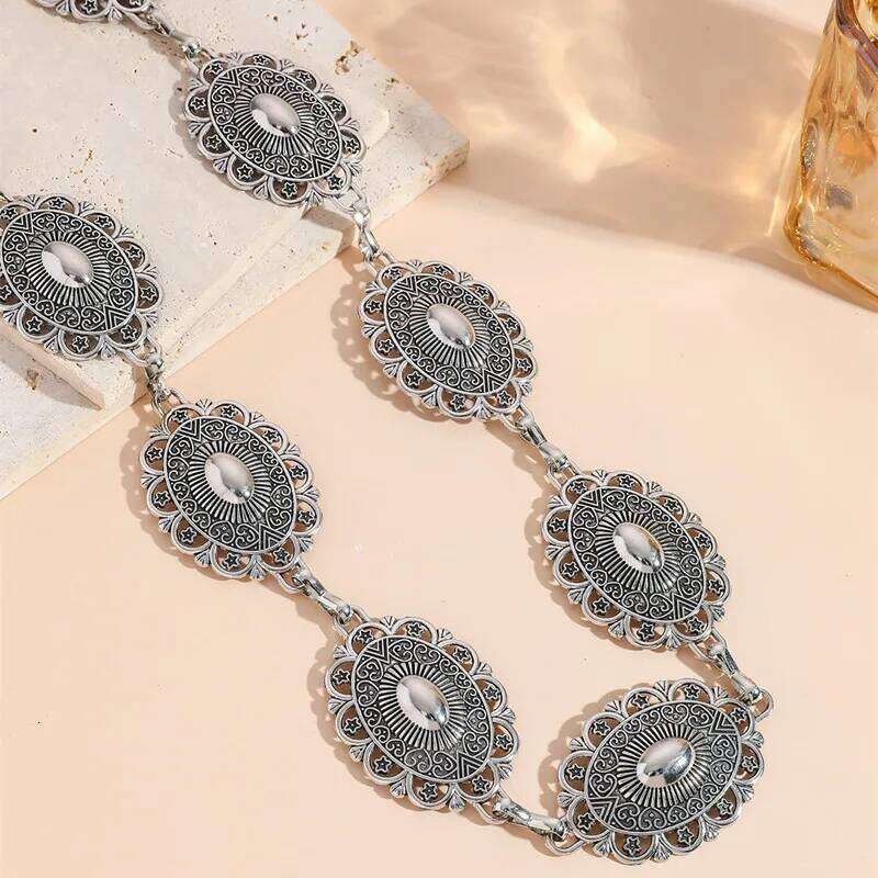 Retro Women'S Metal Waist Decorative Circle Carved Chain Belt High Style Accessories H260228