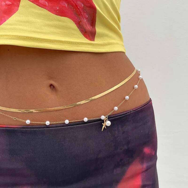 Fashion Metal Starfish Pendant Waist for Women Sexy Gold Color Pearl Beaded Snake Bone Belly Chain Jewelry Gifts H260228