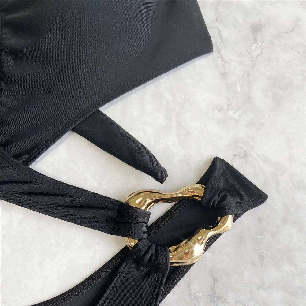 Solid Black Halter Backless Swimwear Woman 2025 One Piece Swimsuit Hollow Out Monokini Cross Bandage Metal Ring Swimming Wear Z260301