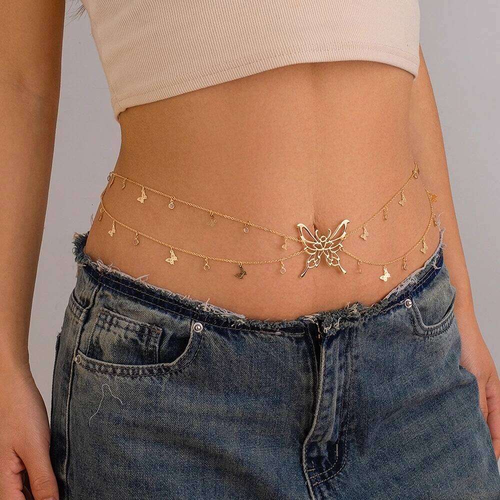 New Trendy Sexy Waist Jewelry Belt Double-layer Golded Metal Hollow Butterfly Tassel Belly Chain Women's Beach Accessories H260228