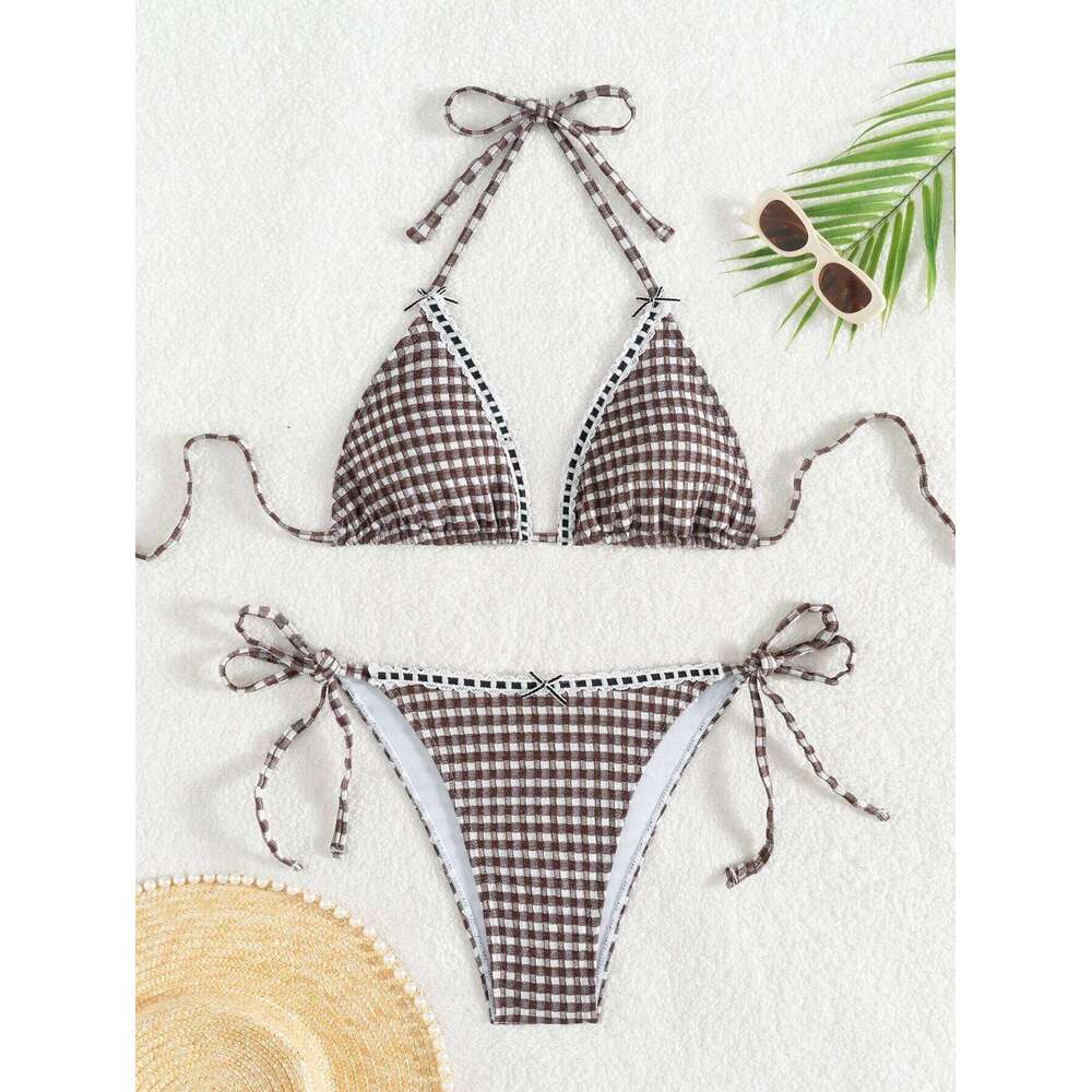 Sexy Brown Plaid Bikini Set 2025 Women Halter Push Up Bra Tie Side Thong Swimsuit Brazilian Beach Bathing Suit Micro Swimwear Z260301