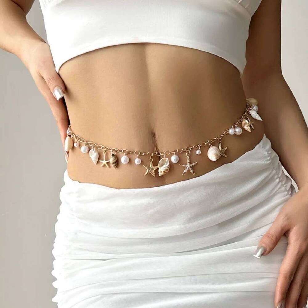 Single-piece seashell waist chain, faux pearl, starfish, conch jewelry, a stylish accessory for beach vacations and pa H260228