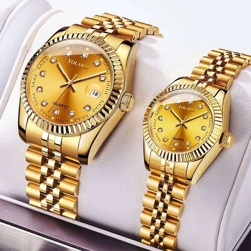 es for Women Simple Casual Student Fashion Quartz Diamond-Encrusted Steel Band Calendar Gold Set Men's Couple H260228
