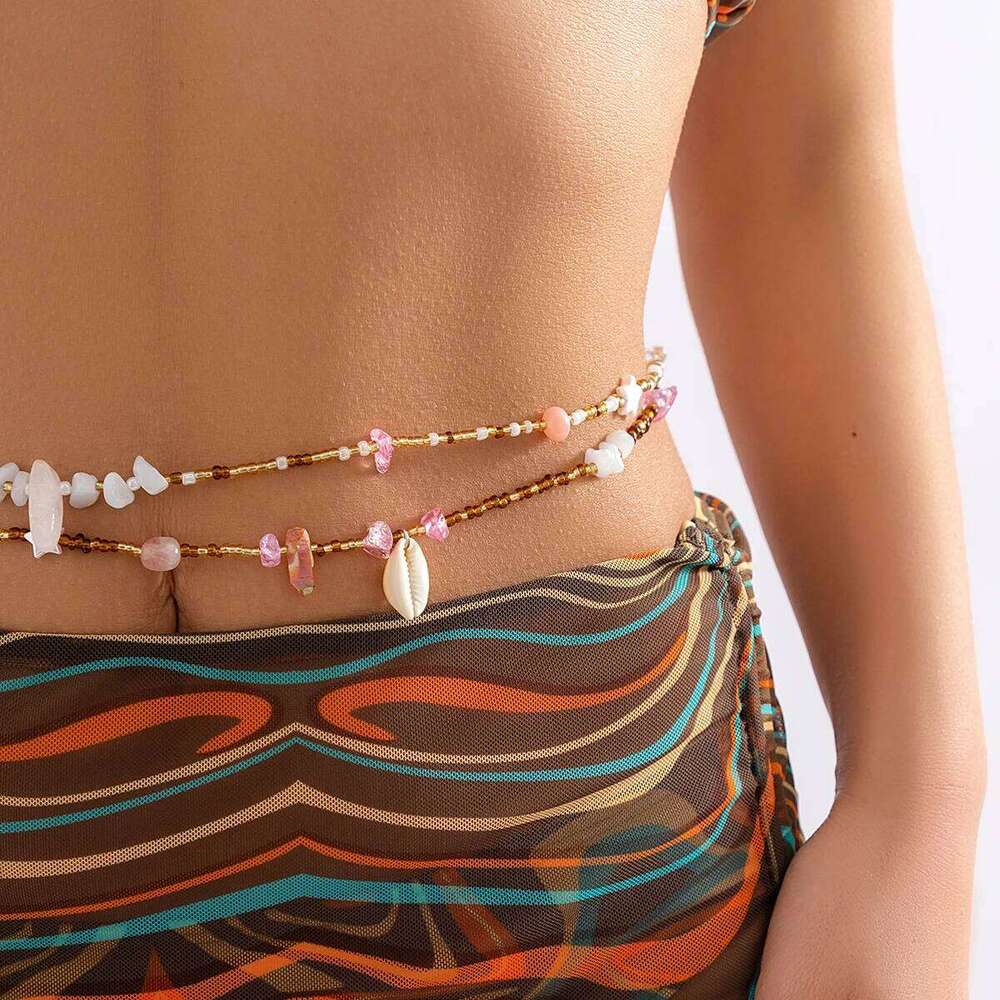 KunJoe Bohemia 2pcs/set Colorful Rice Beaded Belly Waist Women Summer Imitation Pearl Irregular Stone Body Chain H260228