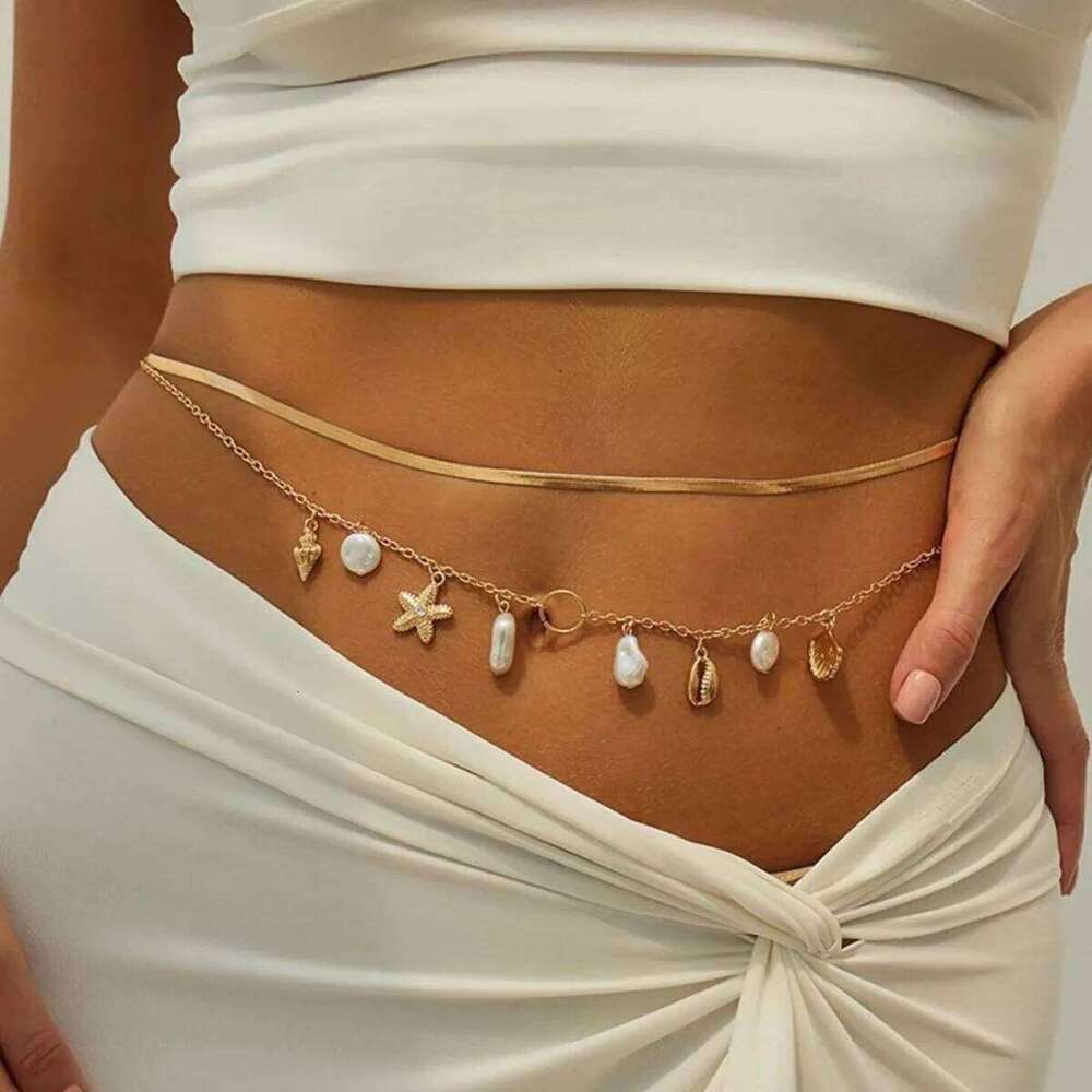 Ingemark 2Pcs/Set Summer Beach Vacation Sexy Bikini Waist Boho Imitation Pearl Starfish Conch Pendant Body Chain Jewelrry H260228