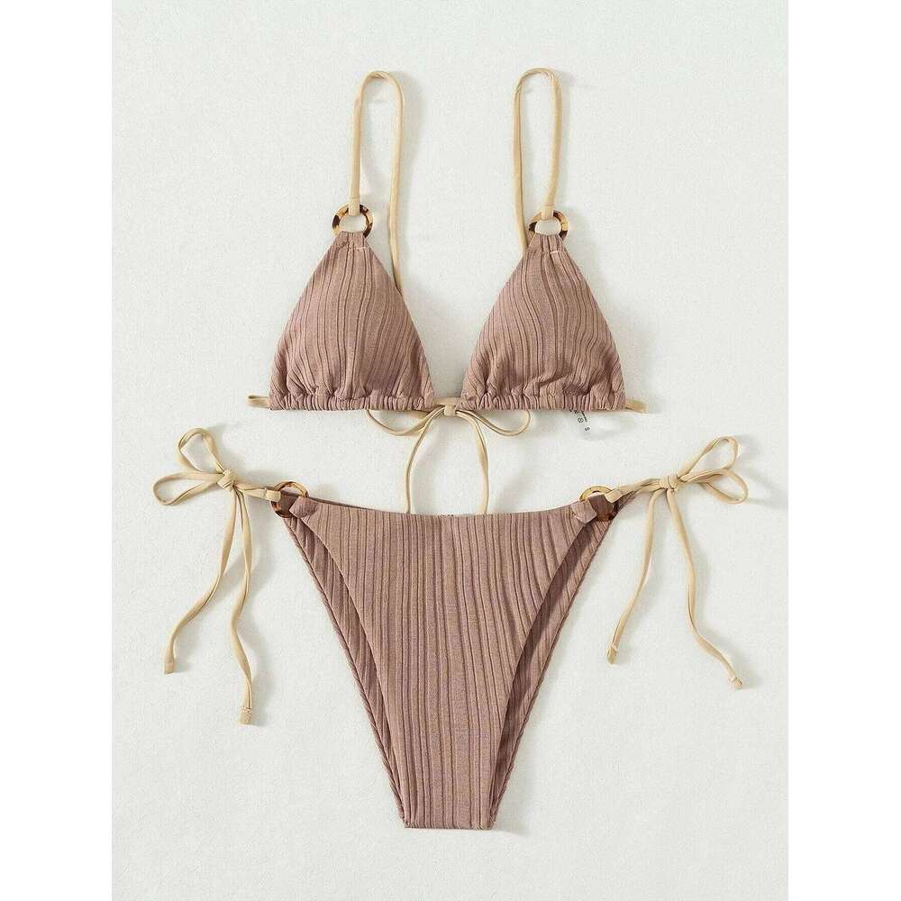 Sexy Rib Texture Triangle String Bikini Set Women Push Up Padded Thong Swimsuit Female Cut Out Bathing Suit Swimwear Biquini Z260301